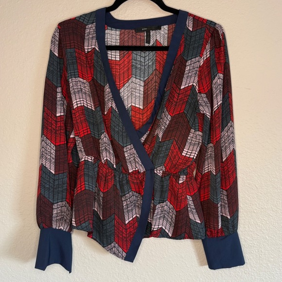 BCBGMAXAZRIA Small Blouse Geometric Peplum Split Cuff V Neck Y2K Career - Picture 1 of 10